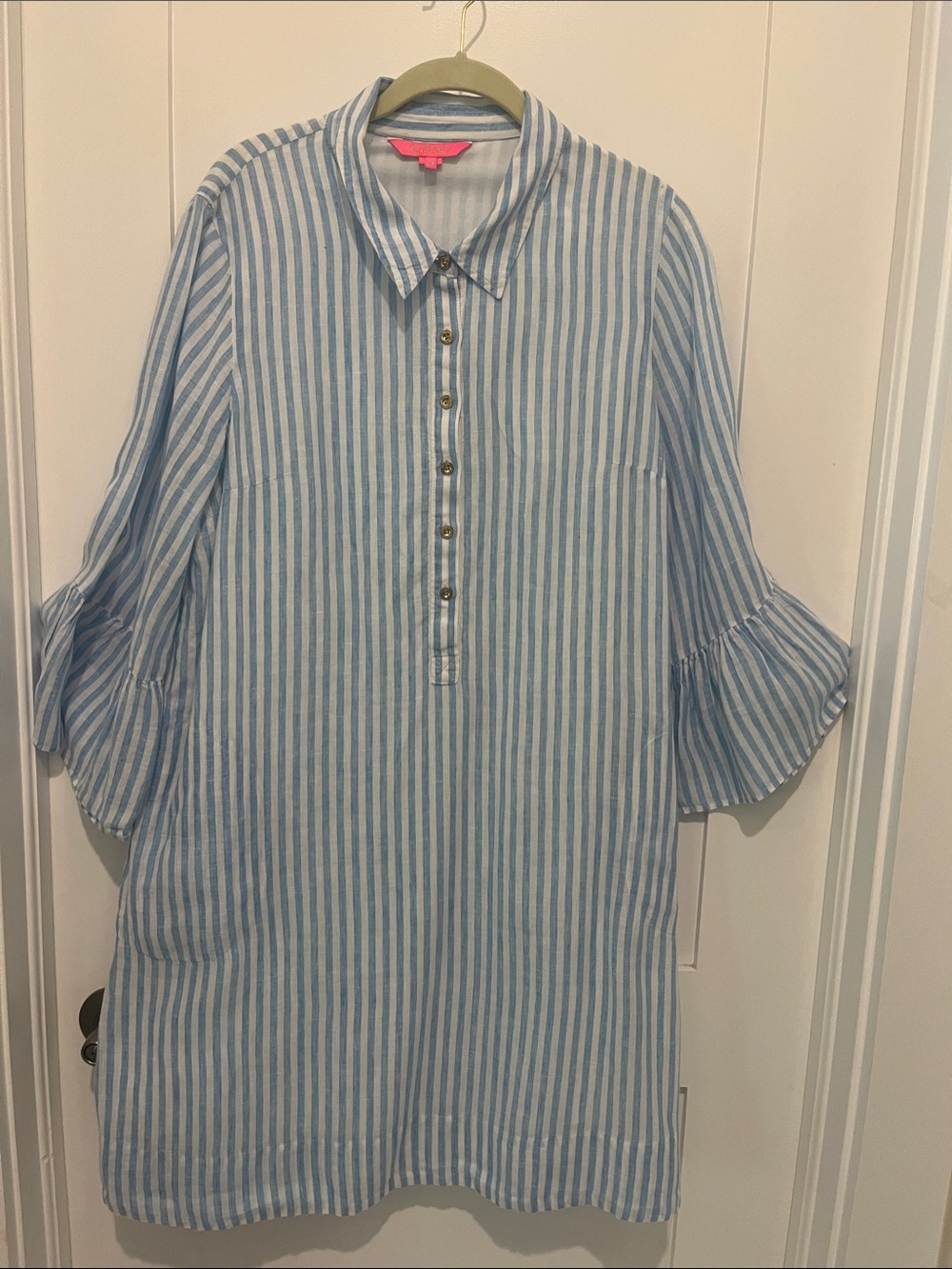 Lilly Pulitzer Blue & White Striped Ruffle Sleeve Shirt Dress L14